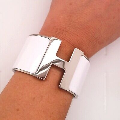 HERMES Paris Wide White Enamel Clic Clac H Bracelet PM