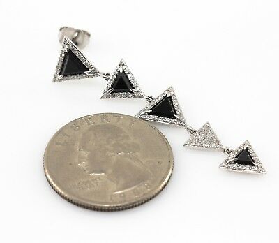 14K Diamond Onyx Earrings White Gold Triangle Dangle Drop