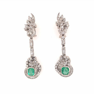 Silver and 10K Edwardian Diamond and Emerald Earring in Sterling White Gold