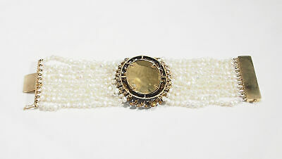 14K Vintage Pearl Diamond Onyx Leaf Motif Bracelet Yellow Gold
