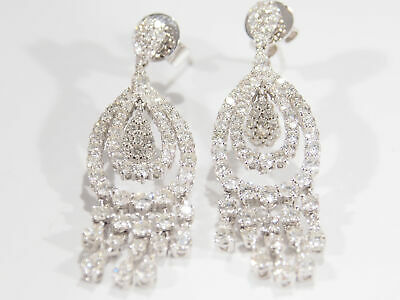 14K Diamond Earrings Dangle Pear Shaped White Gold Cluster