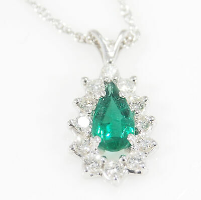 14K Diamond Emerald Pendant Necklace GIA White Gold Pear Shape