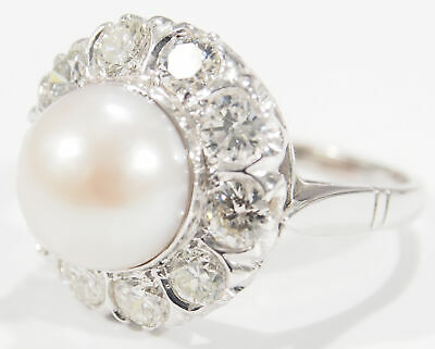 14K Cultured Pearl Diamond Dome Ring White Gold