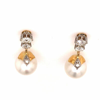 Platinum and 18K Yellow Gold Vintage Diamond and Pearl Drop Earrings