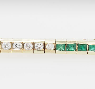 14K Diamond Emerald Tennis Bracelet Yellow Gold Green