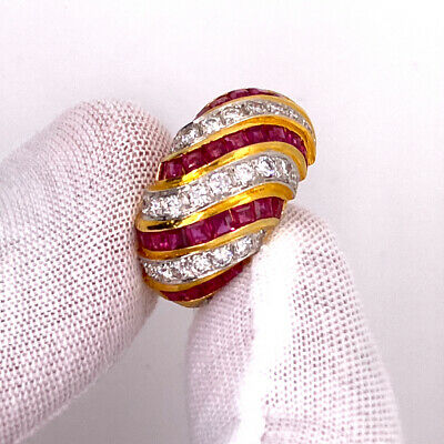 18K Diamond and Burma Ruby Huggie Earrings Yellow Gold