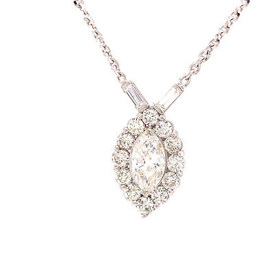 18K Marquise Diamond Halo Pendant Necklace White Gold