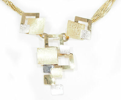 14K Abstract Necklace Yellow White Gold Large Pendant Square