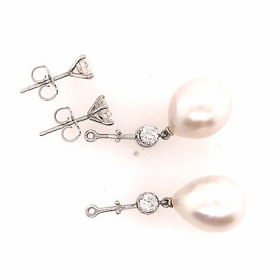 18K Teardrop Pearl and Diamond Earrings/Jacket White Gold Studs Removable Dangle