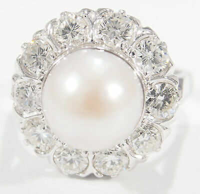 14K Cultured Pearl Diamond Dome Ring White Gold