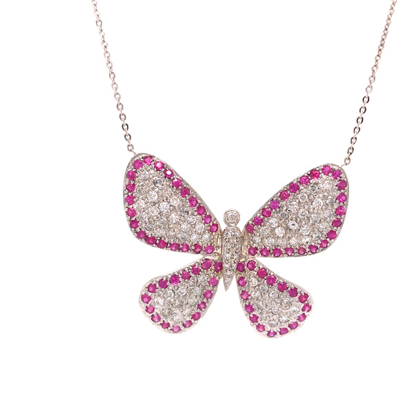 18K Ruby and Diamond Butterfly Pendant Necklace White Gold