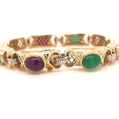 18K Ruby Emerald Sapphire Gemstone Line Bracelet Yellow Gold