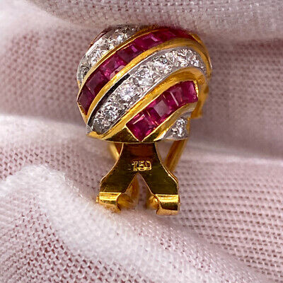 18K Diamond and Burma Ruby Huggie Earrings Yellow Gold