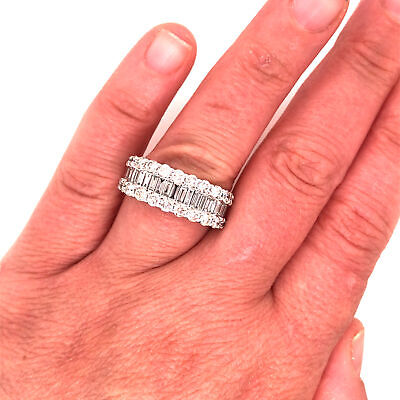 14K Round and Baguette Diamond Band White Gold