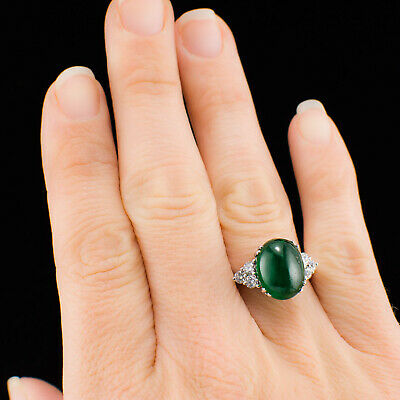 14K Diamond Emerald Ring White Gold Cabochon Colombian Emerald