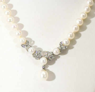 14K Diamond Pearl Necklace Cultured Pearl White Gold