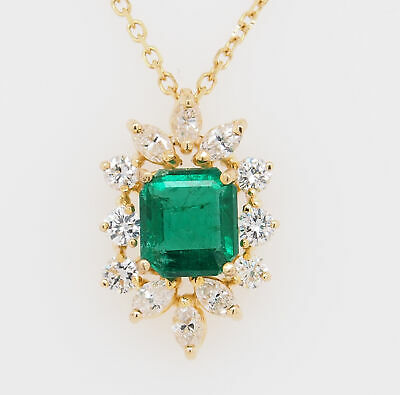 14K Diamond Emerald Pendant Necklace Yellow Gold 2.50ct