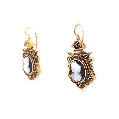 20K Antique Vintage Cameo Drop Earrings Yellow Gold