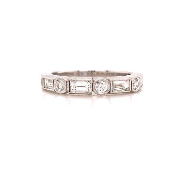 18K Round and Baguette Diamond Band White Gold
