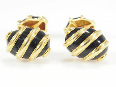 18K Tifffany and Co Cuff Links Black Enamel Yellow Gold Vintage