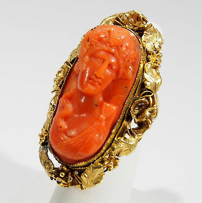 14K Carved Coral Ring Yellow Gold Roman
