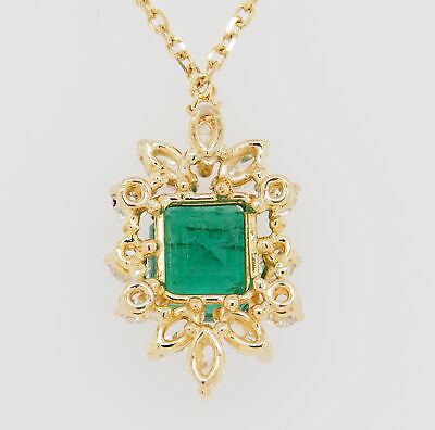 14K Diamond Emerald Pendant Necklace Yellow Gold 2.50ct